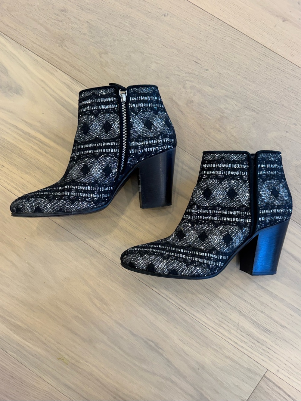 Giuseppe Zanotti Black Glitter Pointed-Toe Ankle Booties Block Heel 40.5